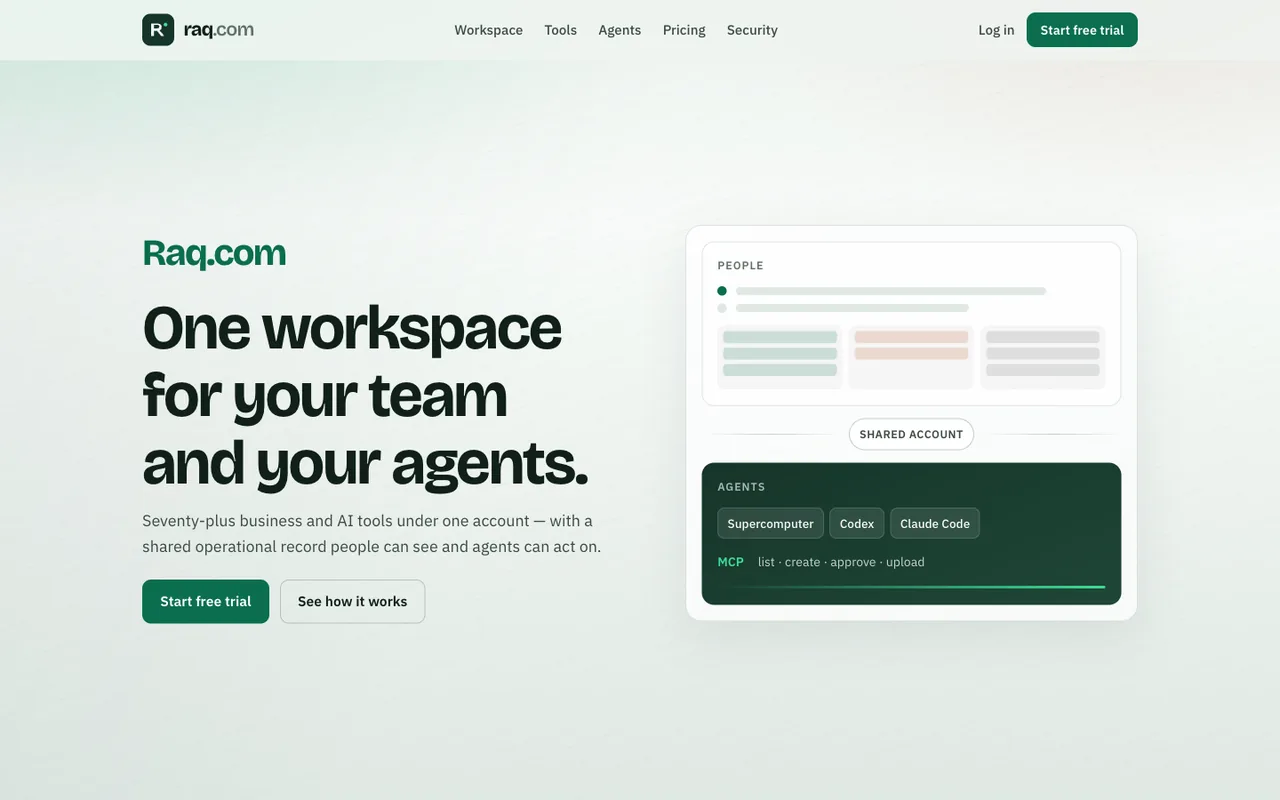 Raq.com homepage generated by Grok 4.5 in Cursor