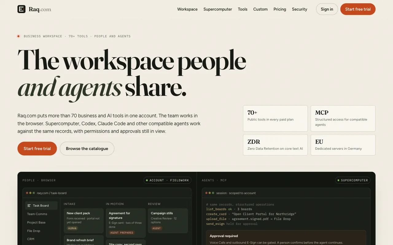 Raq.com homepage generated by Grok 4.6 in Cursor