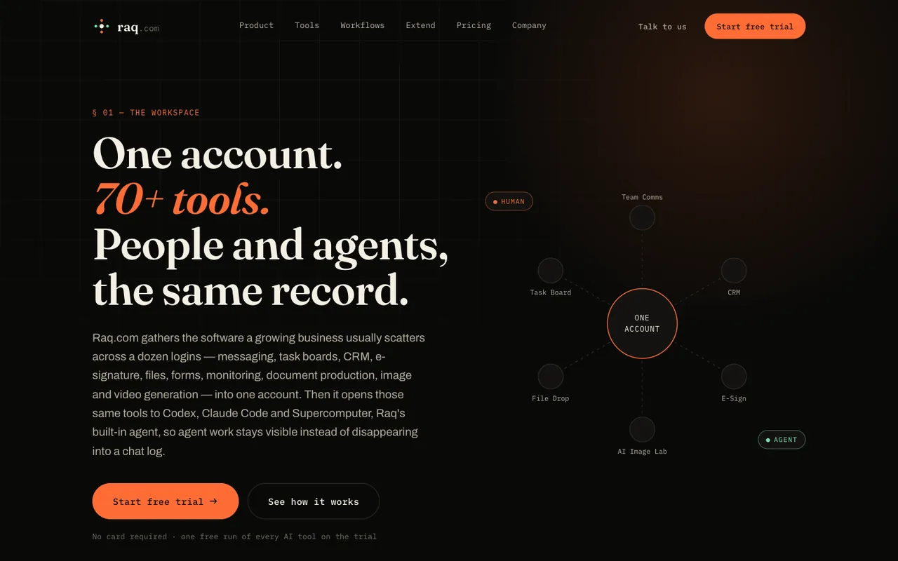 Raq.com homepage generated by Claude Sonnet 5 in Claude Code