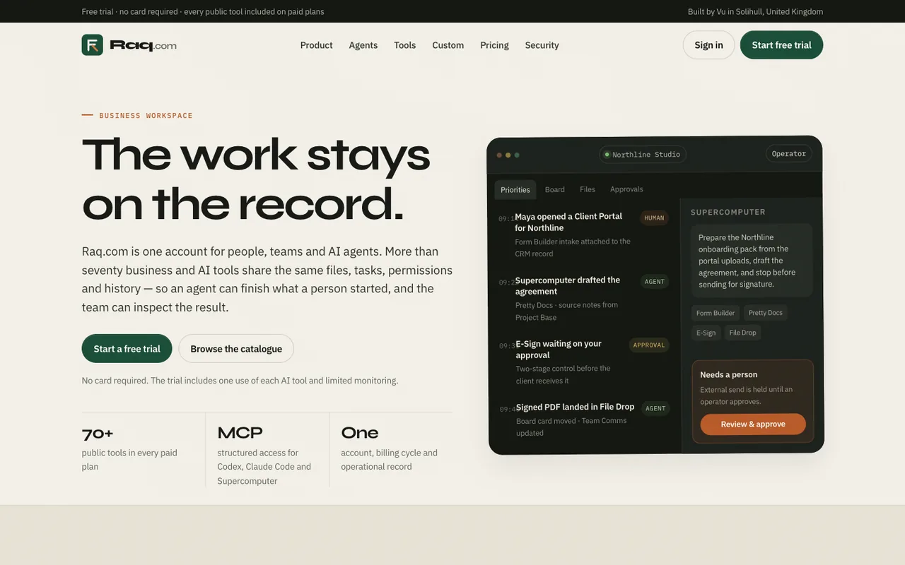 Raq.com homepage generated by Grok 4.6 in Cursor