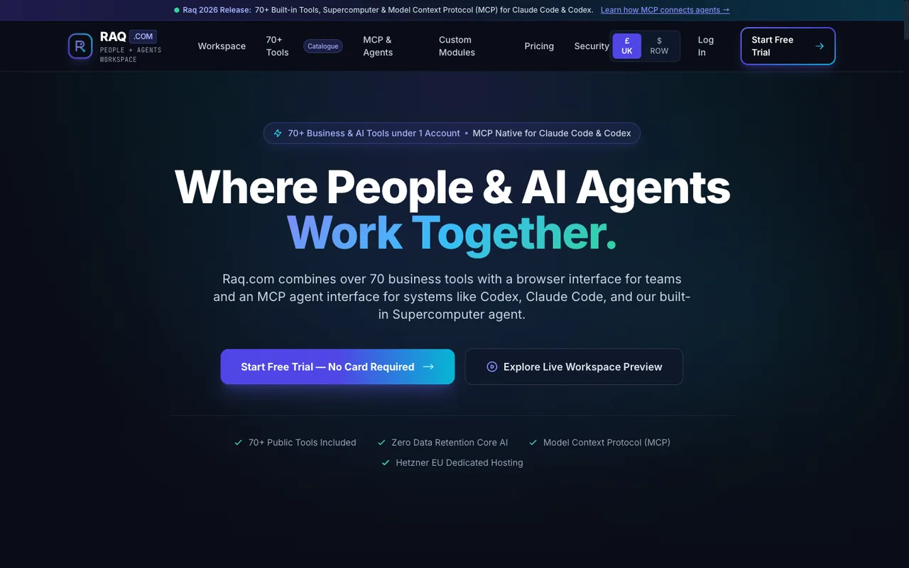 Raq.com homepage generated by Gemini 3.6 Flash in Cursor