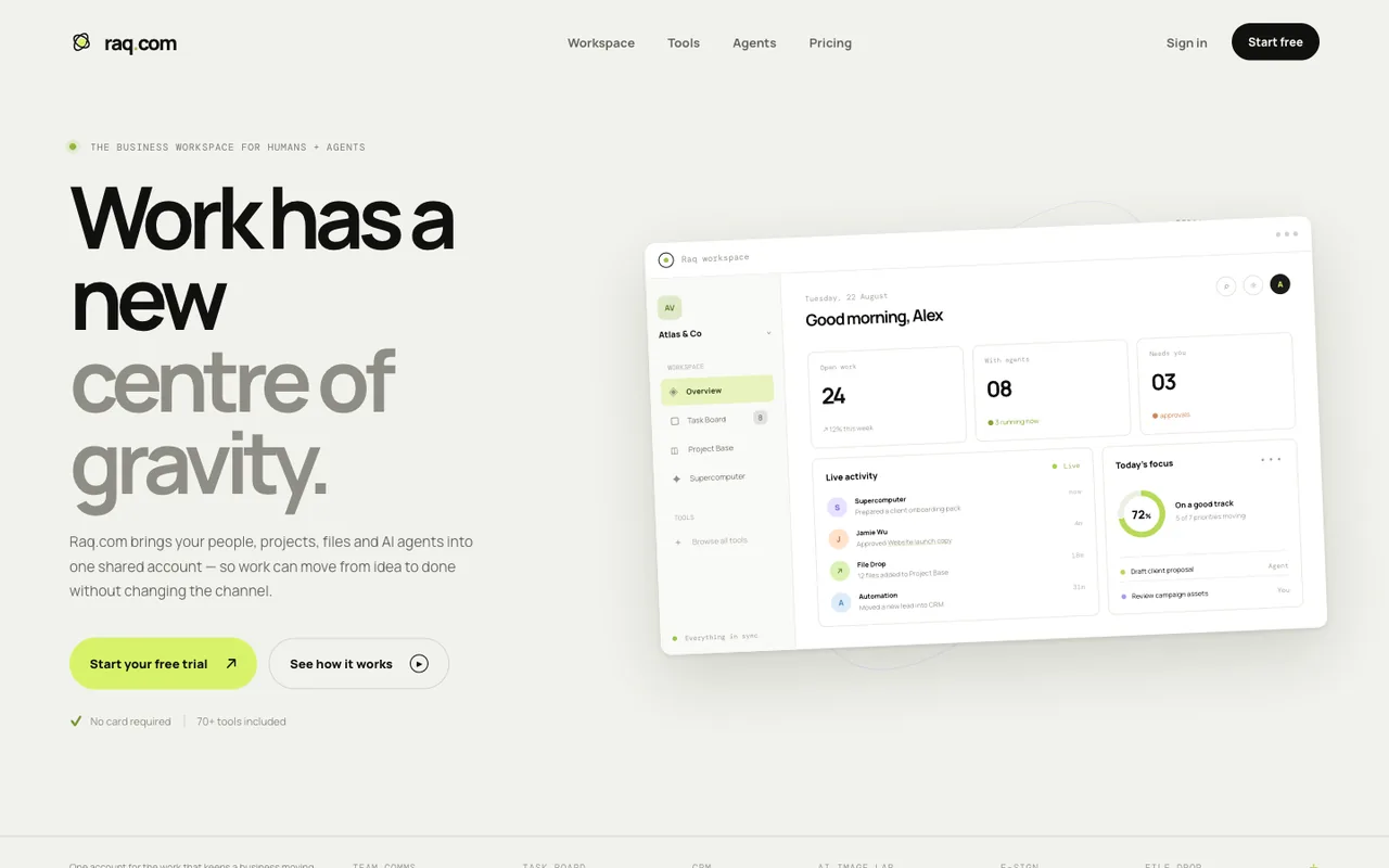 Raq.com homepage generated by GPT-5.6 Luna in Codex