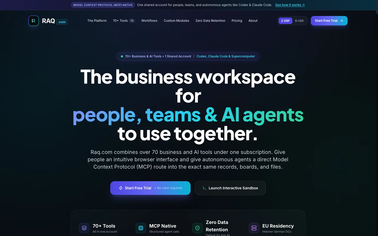 Raq.com homepage generated by Gemini 3.7 Flash in Cursor