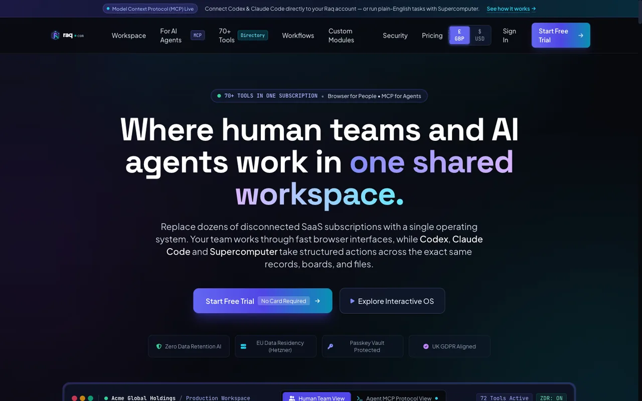 Raq.com homepage generated by Gemini 3.7 Flash in Cursor