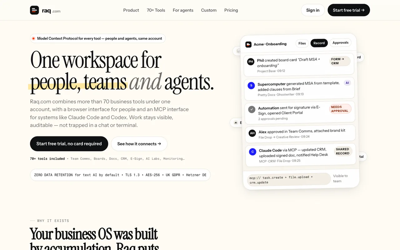 Raq.com homepage generated by Meta Muse Spark 1.1 in Claude Code