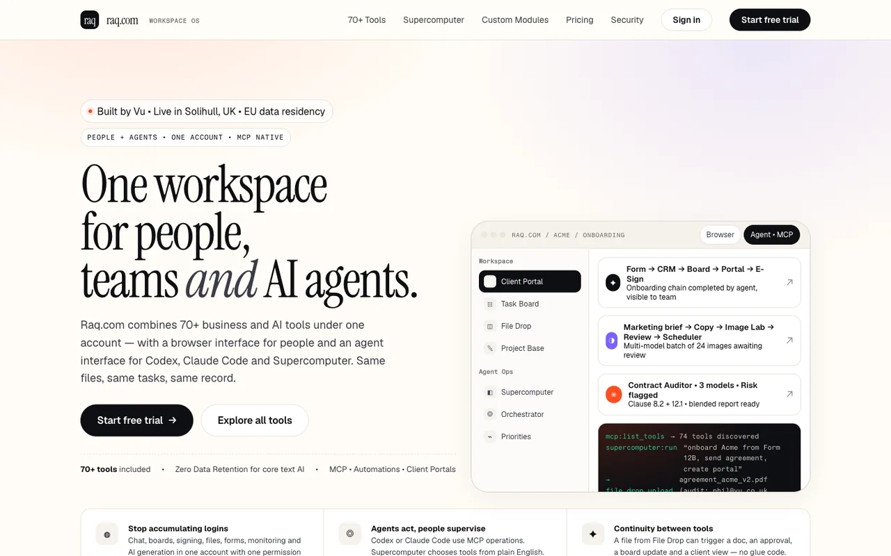 Raq.com homepage generated by Meta Muse Spark 1.1 in Claude Code