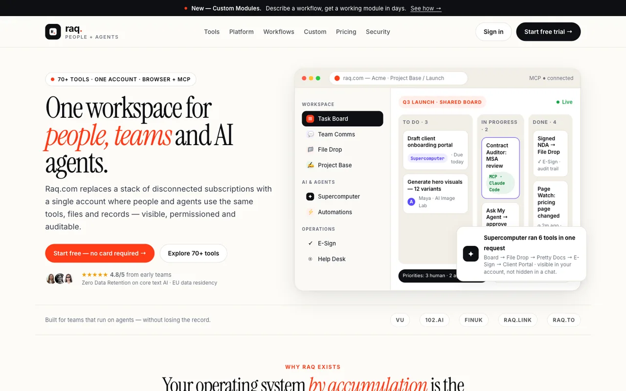 Raq.com homepage generated by Meta Muse Spark 1.2 in Claude Code