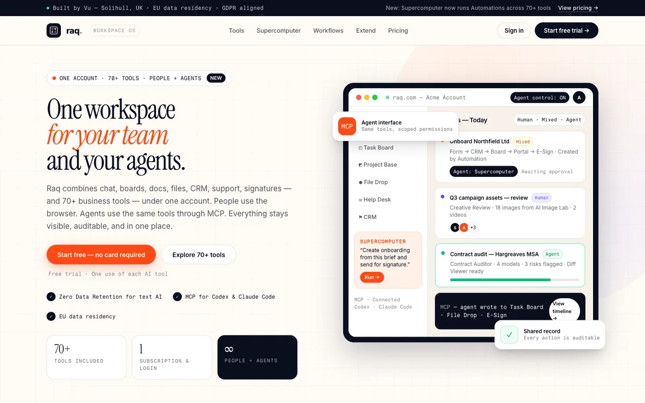 Raq.com homepage generated by Meta Muse Spark 1.2 in Claude Code