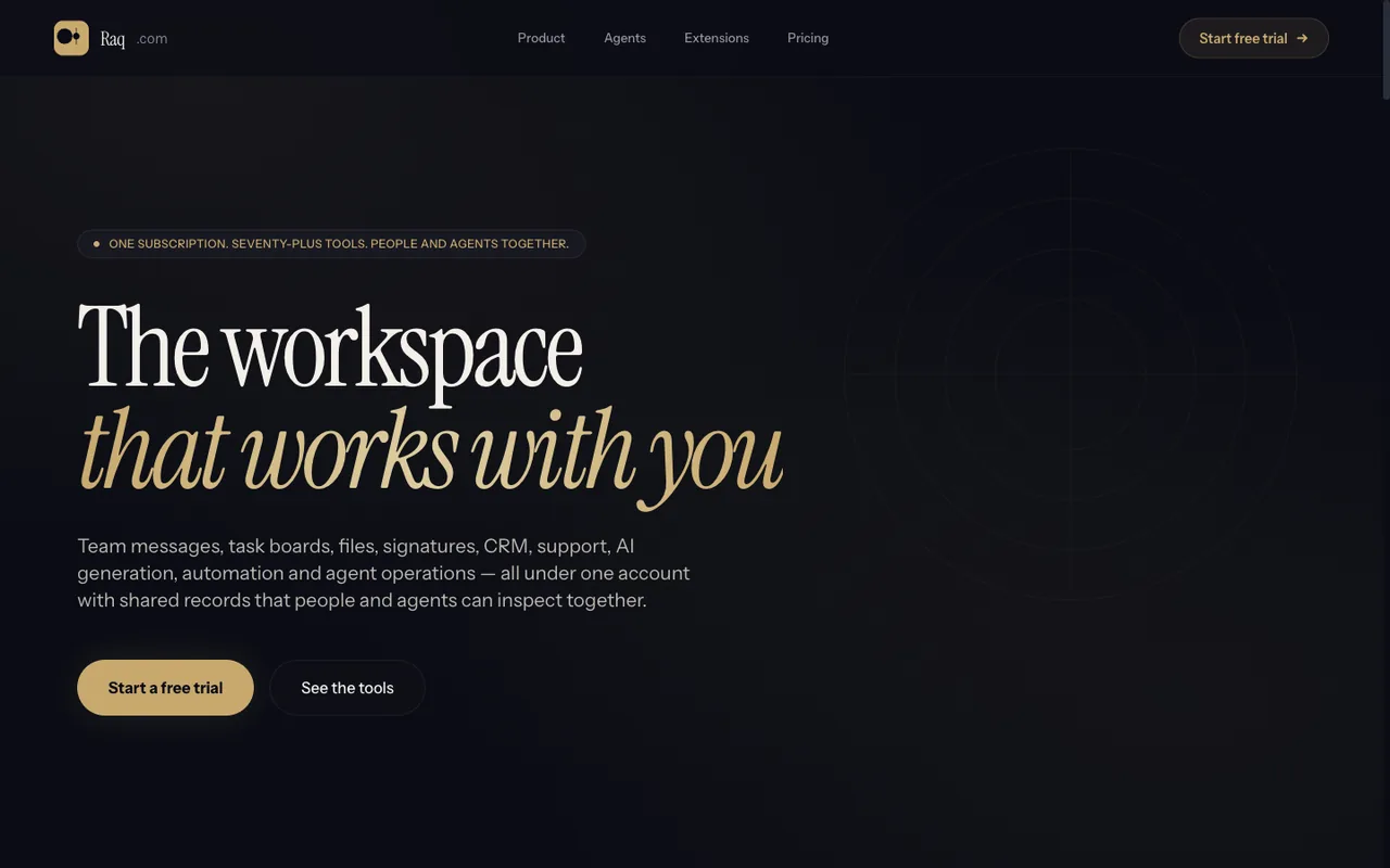 Raq.com homepage generated by Inkling in Claude Code