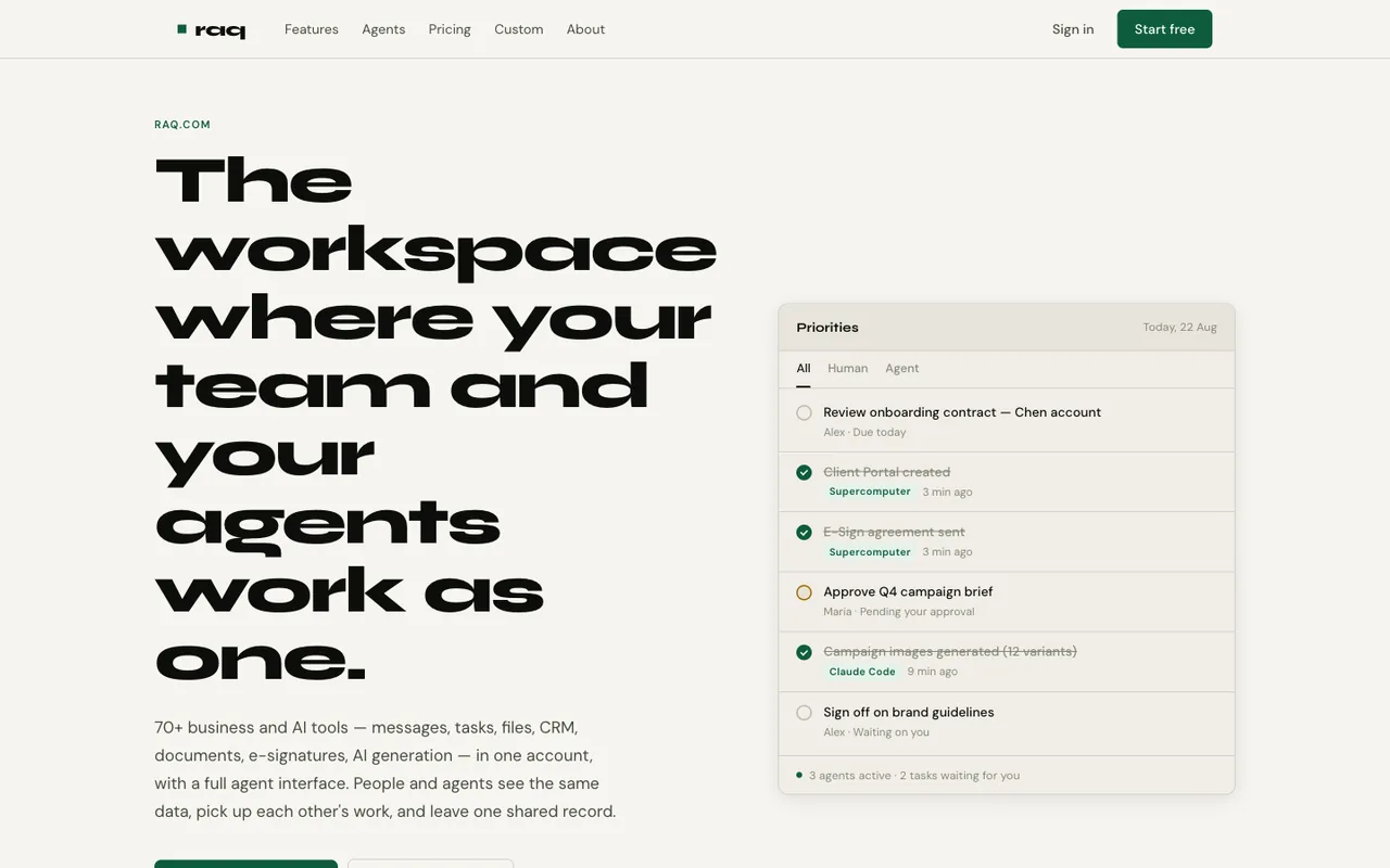 Raq.com homepage generated by Claude Sonnet 4.6 in Claude Code