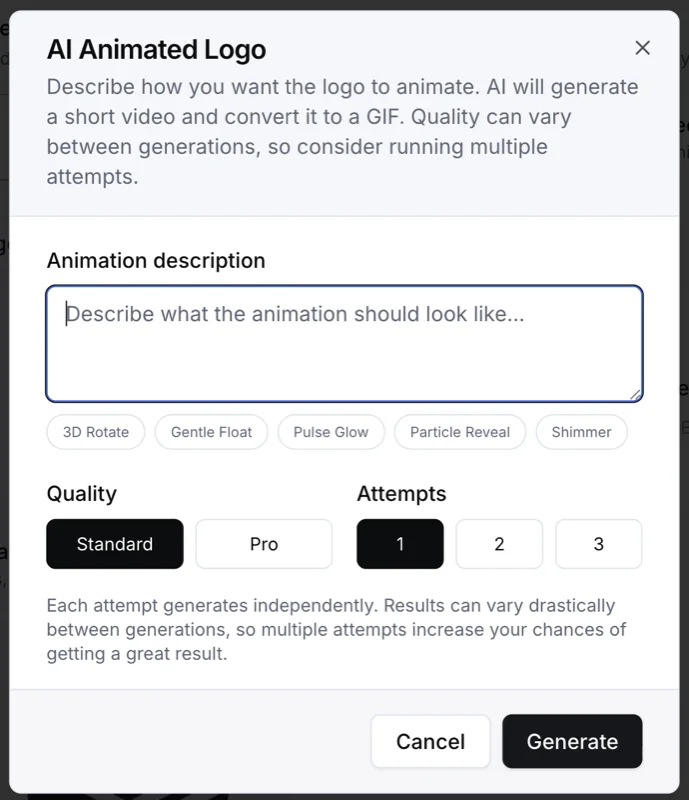 AI Animated Logo dialog showing animation description, quality settings, and preset options