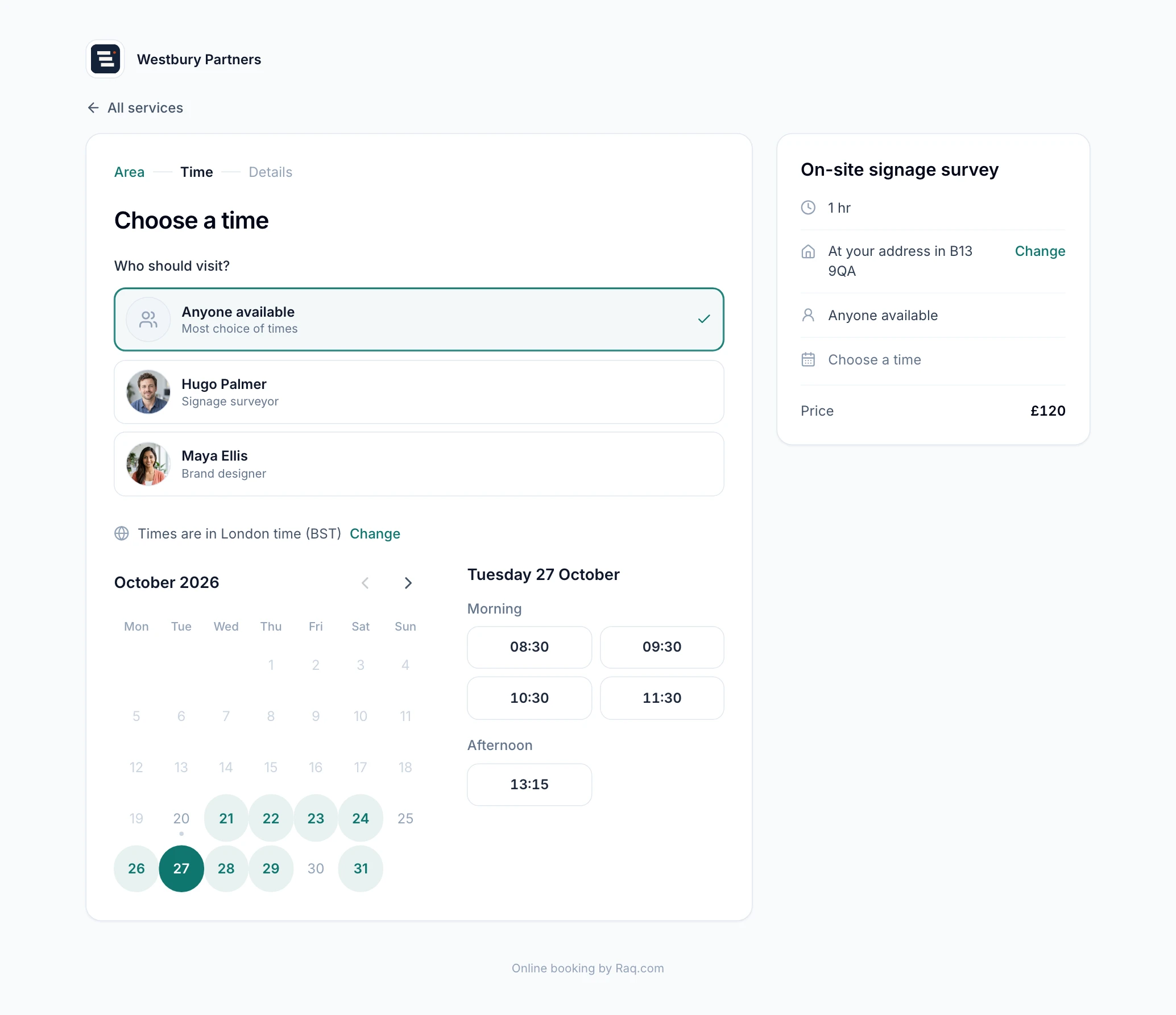 The Westbury Partners booking page for an on-site signage survey, with the days that have free times, Tuesday's times and the booking summary alongside