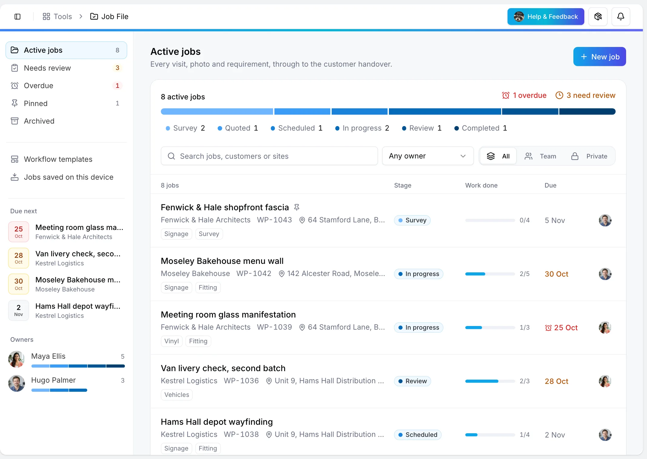 The Job File library with eight jobs by stage, the jobs due next and each owner's share of the work