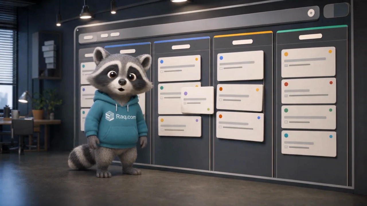Raq Raccoon in a teal hoodie, facing the camera beside a task board