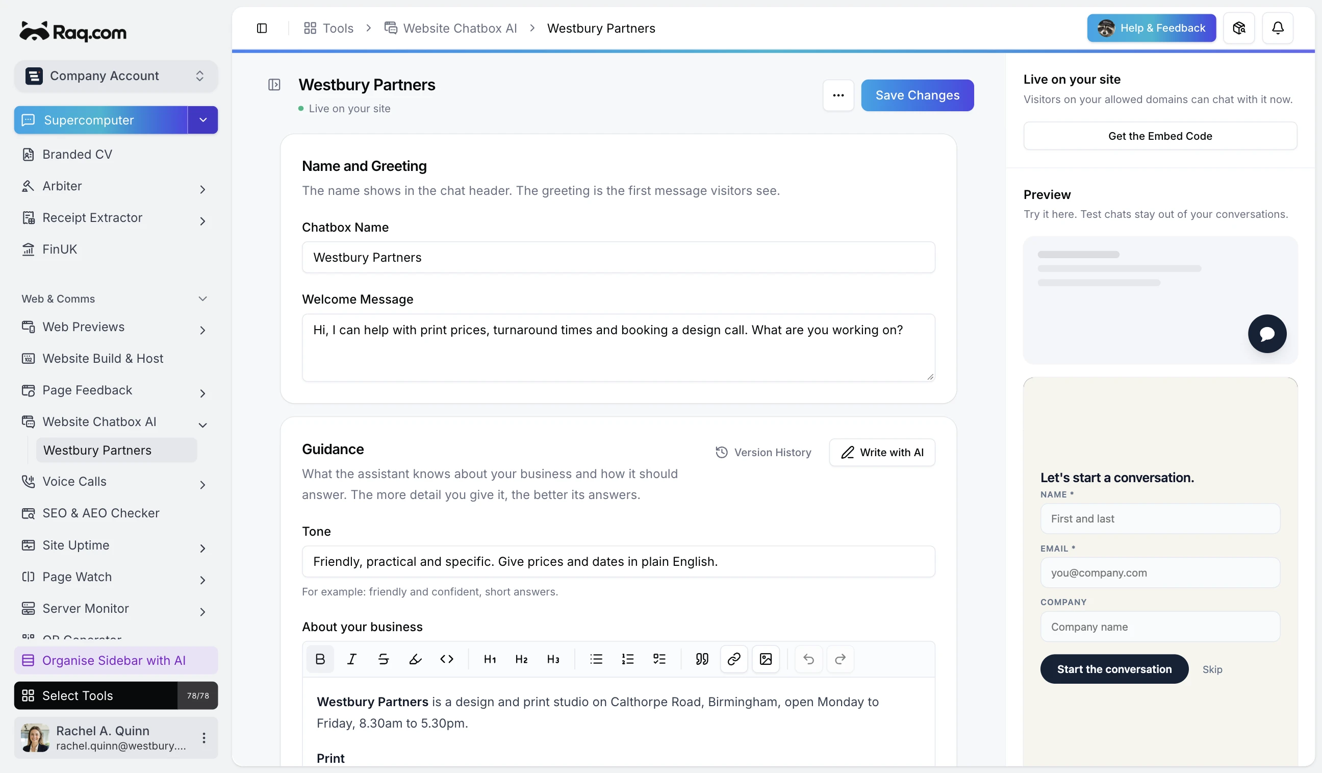 Website Chatbox AI in Raq.com