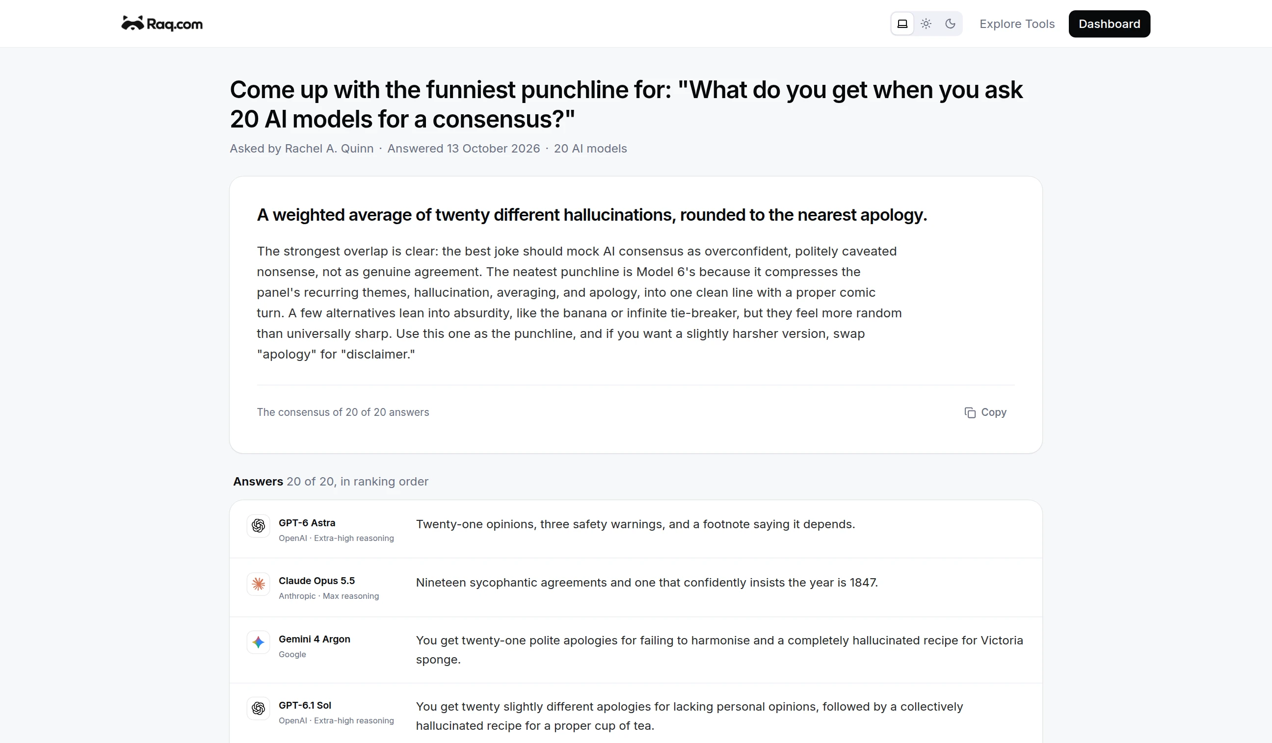 Public share page for a Top 20 AI Consensus run, with the consensus paragraph and all twenty model replies in a clean read-only layout