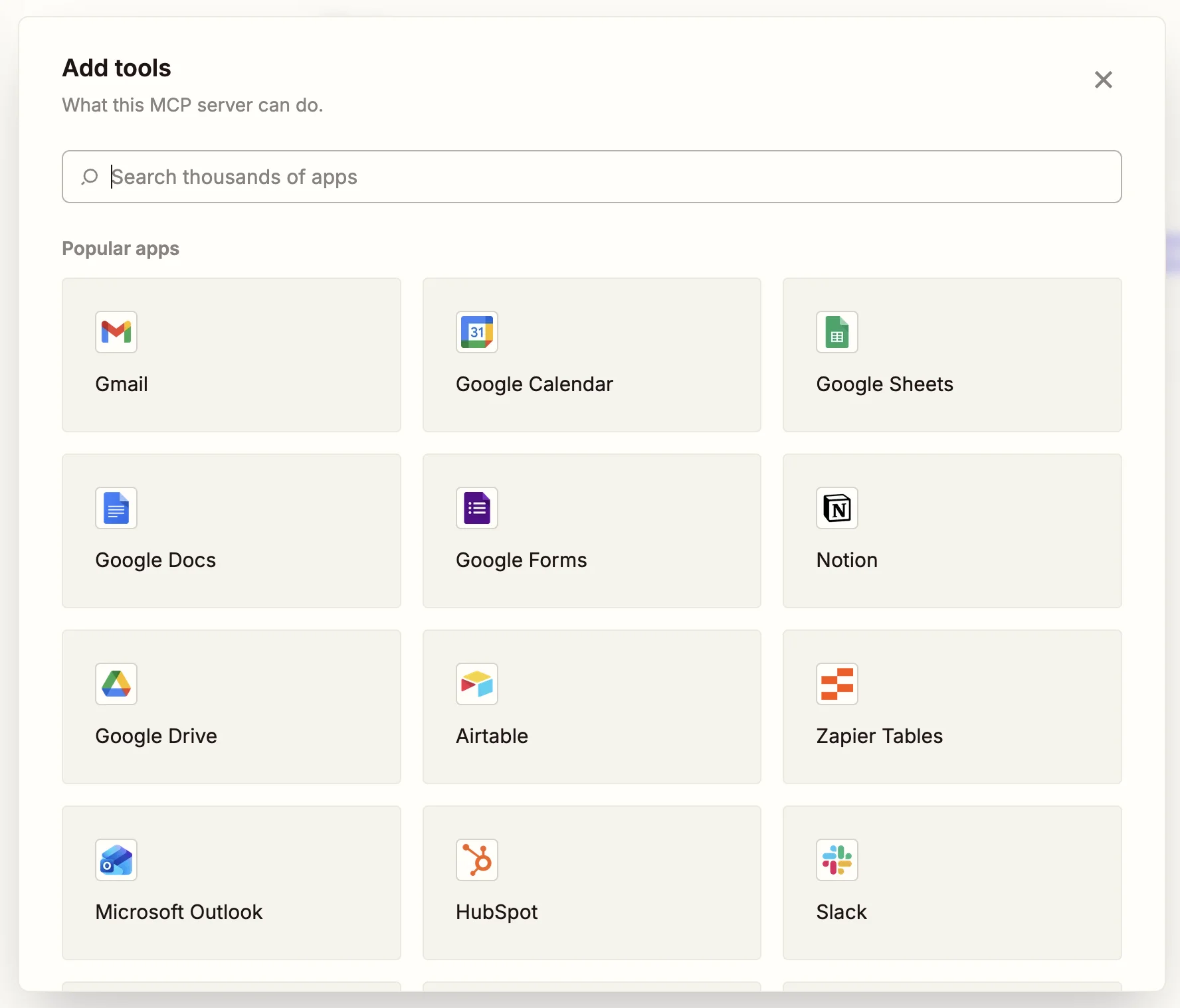 Zapier Add Tools dialog showing popular apps including Gmail, Google Calendar, Google Sheets, Notion, HubSpot, and Slack