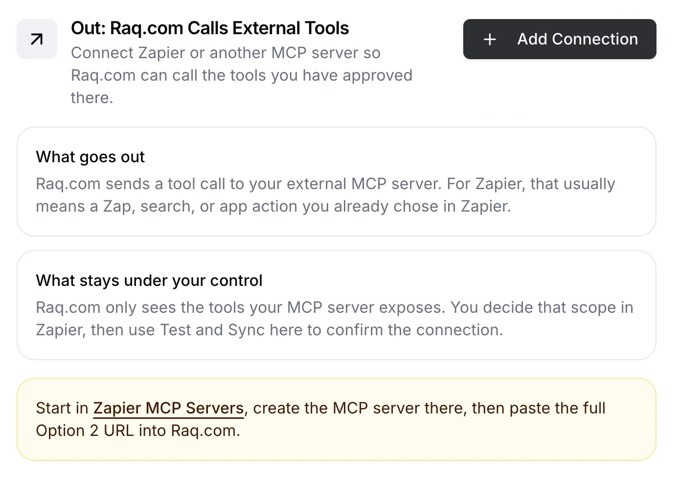 Raq.com AI Connections page showing an external MCP connection with available tools