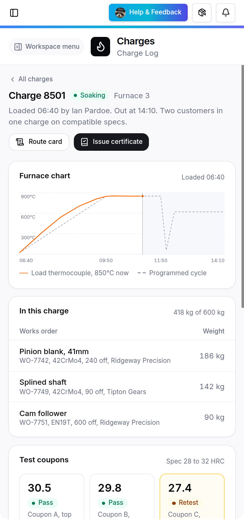 Charge Log open in Raq.com on a phone