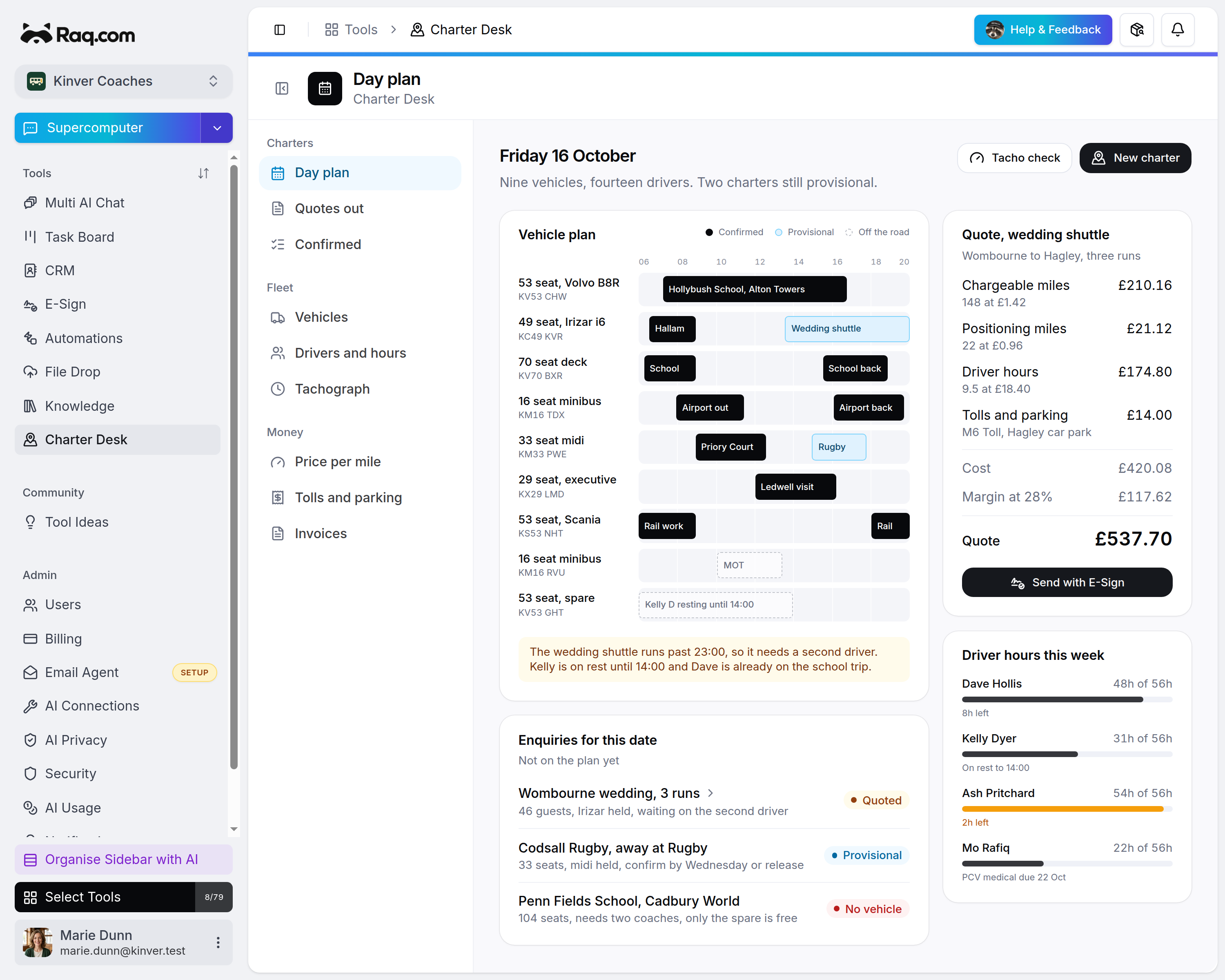 Charter Desk open in Raq.com for Kinver Coaches, alongside their other tools