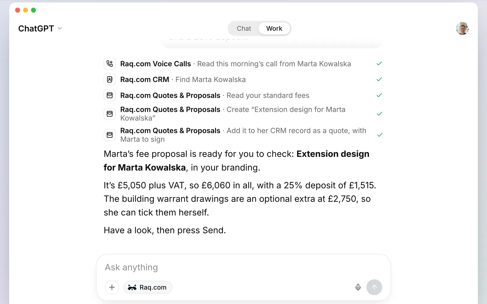 ChatGPT using Raq.com to read the call, find Marta in the CRM and build the quote