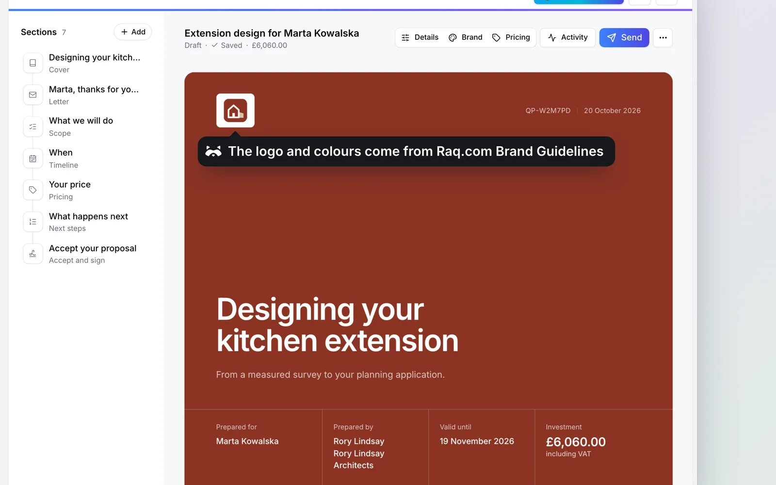 The quote in Raq.com Quotes & Proposals, in Rory Lindsay Architects’s branding