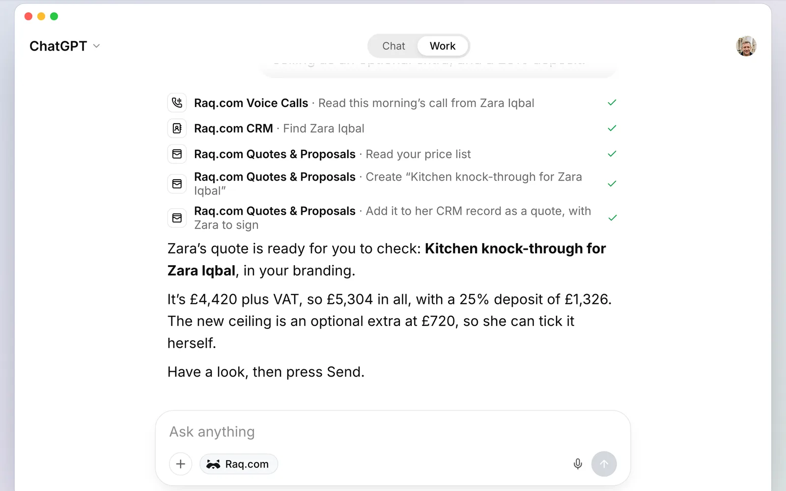 ChatGPT using Raq.com to read the call, find Zara in the CRM and build the quote