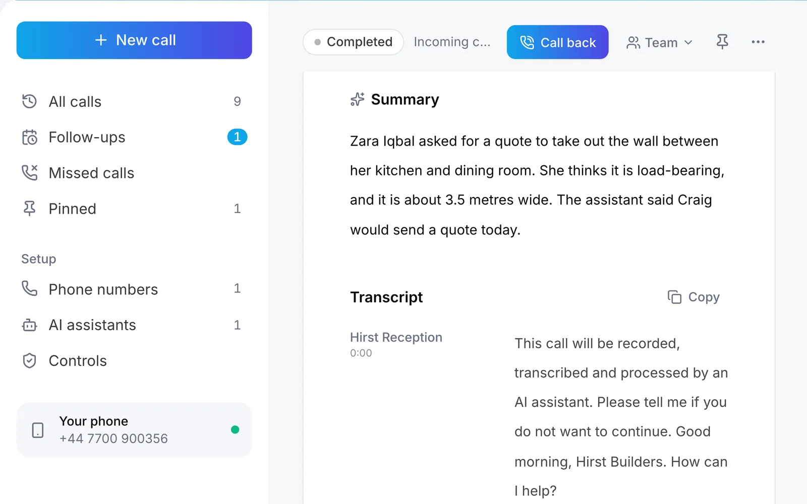 Raq.com Voice Calls showing the summary and transcript of Zara’s call
