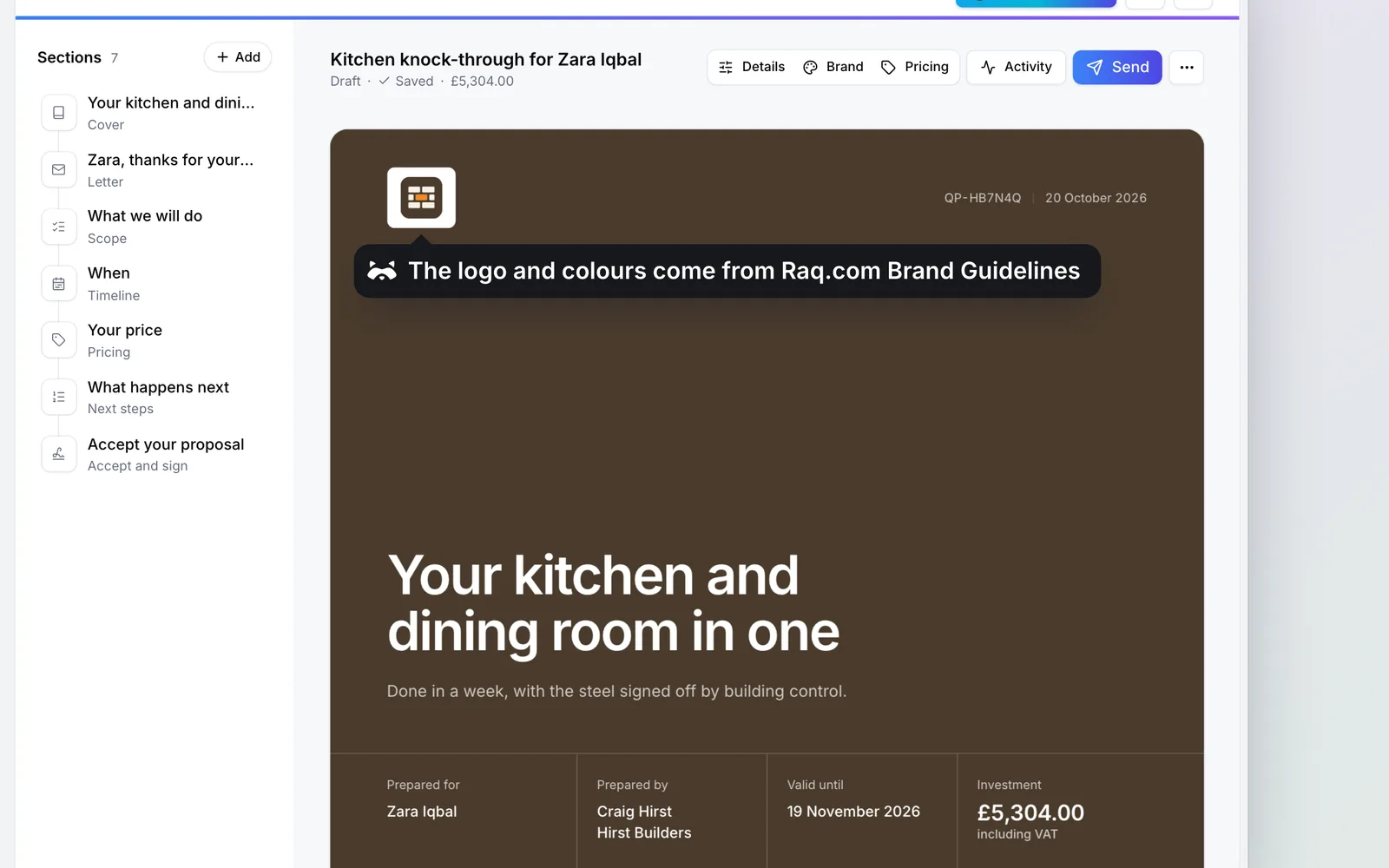 The quote in Raq.com Quotes & Proposals, in Hirst Builders’s branding