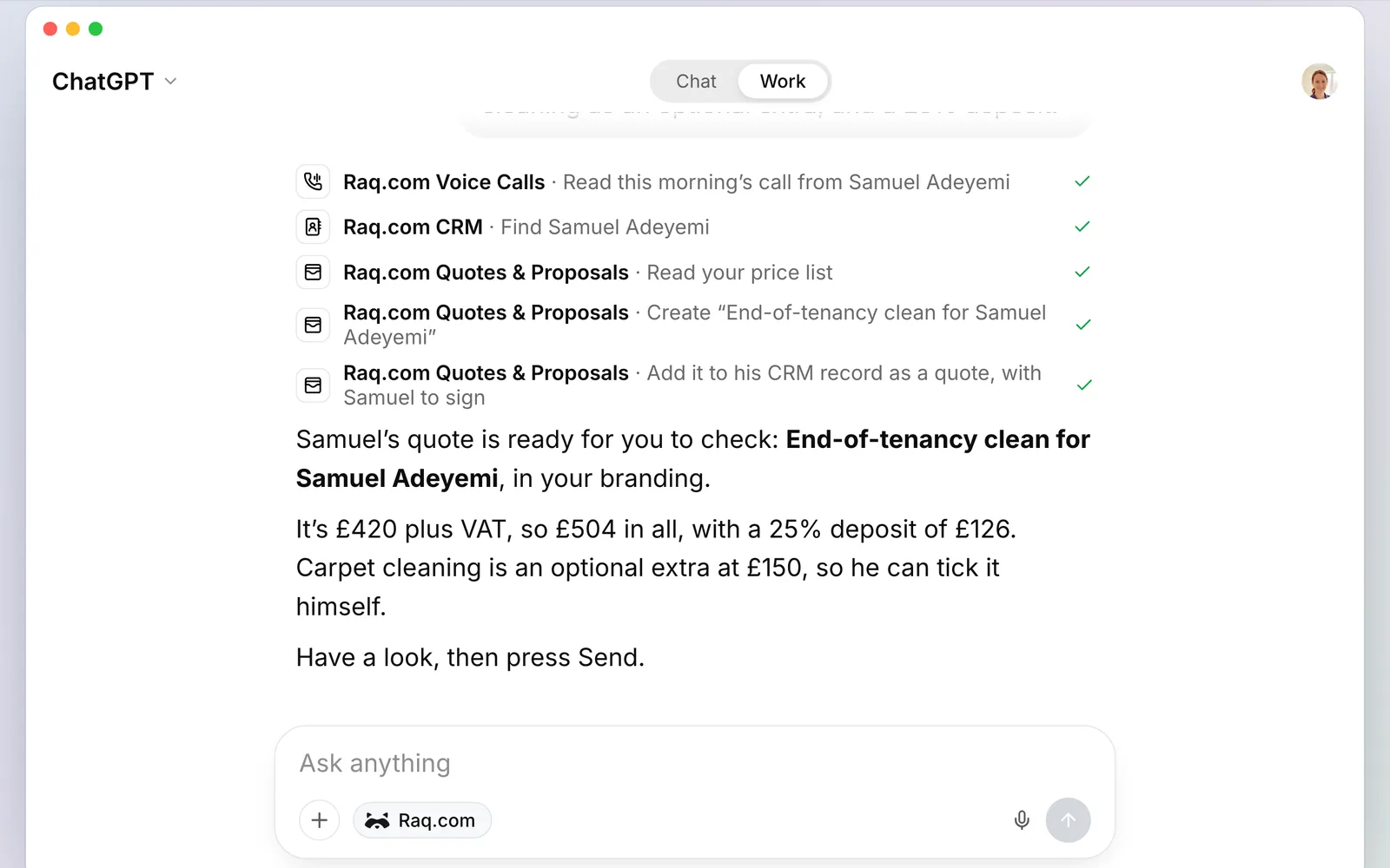 ChatGPT using Raq.com to read the call, find Samuel in the CRM and build the quote