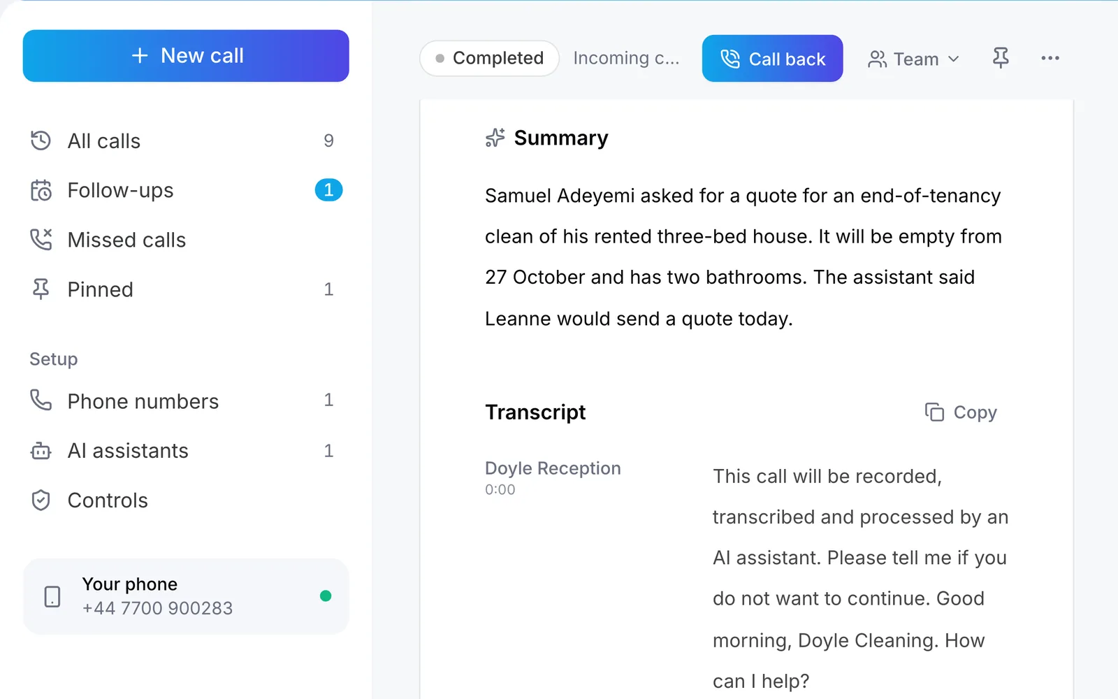 Raq.com Voice Calls showing the summary and transcript of Samuel’s call