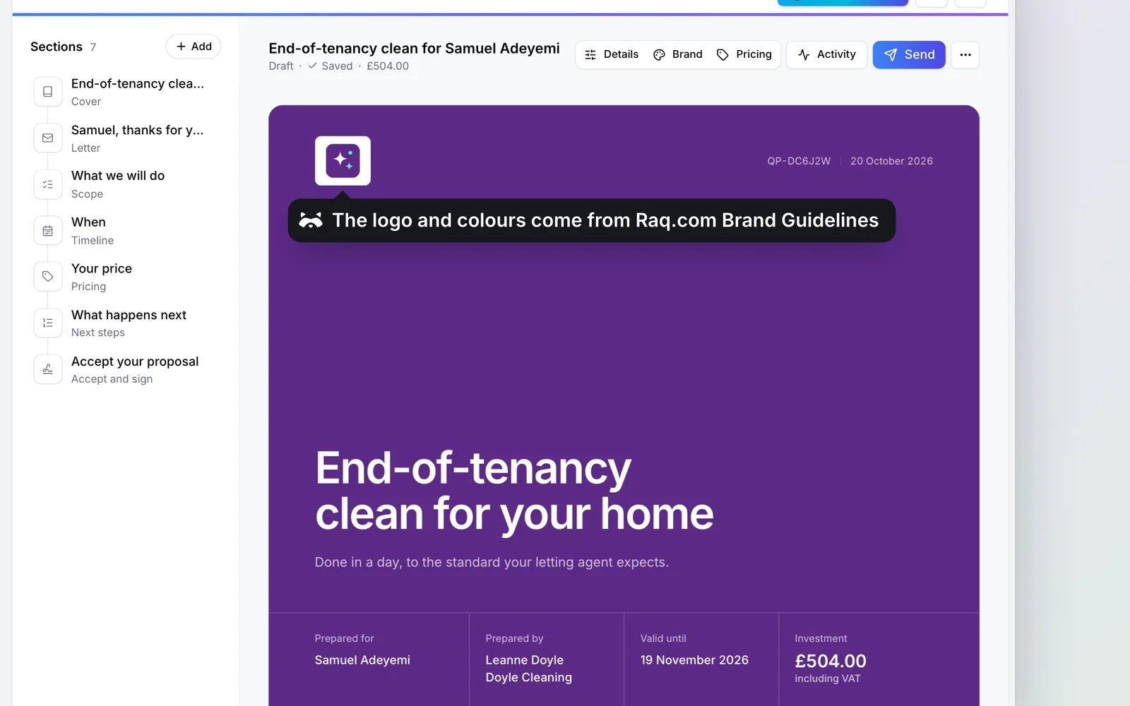The quote in Raq.com Quotes & Proposals, in Doyle Cleaning’s branding