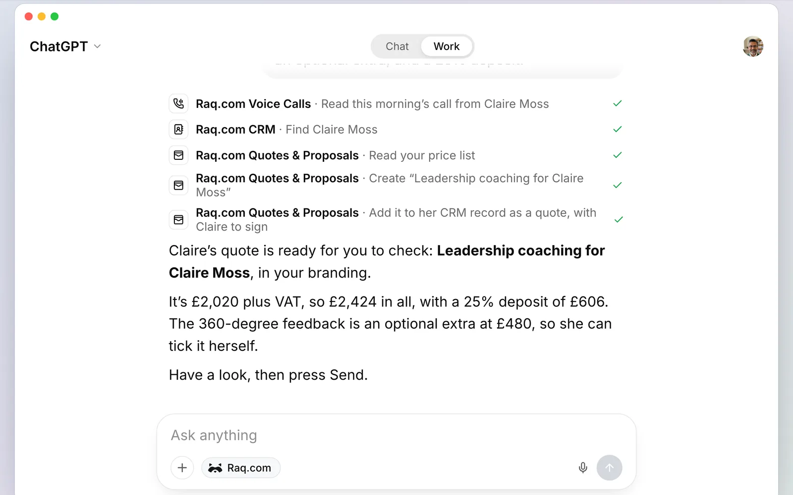 ChatGPT using Raq.com to read the call, find Claire in the CRM and build the quote