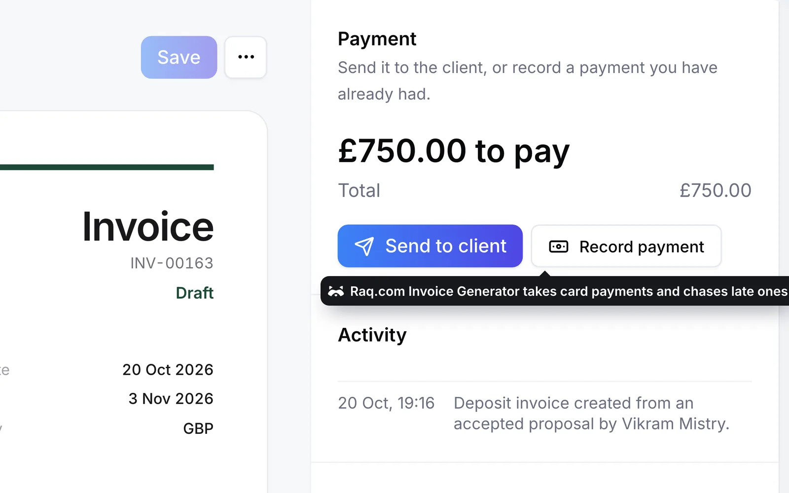 The deposit invoice in Raq.com Invoice Generator, ready to send