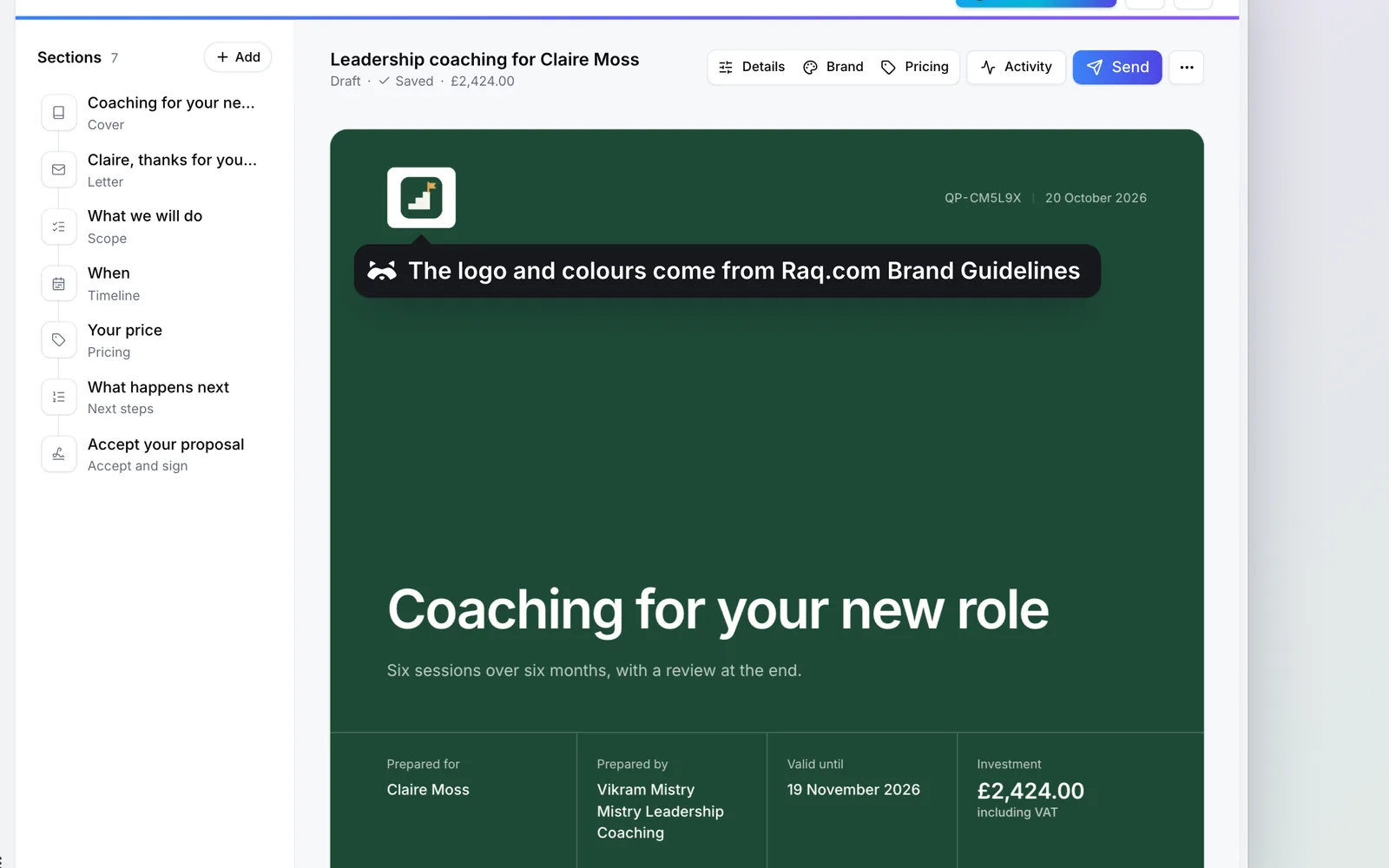 The quote in Raq.com Quotes & Proposals, in Mistry Leadership Coaching’s branding