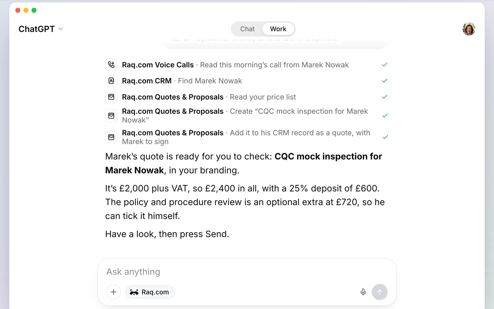 ChatGPT using Raq.com to read the call, find Marek in the CRM and build the quote