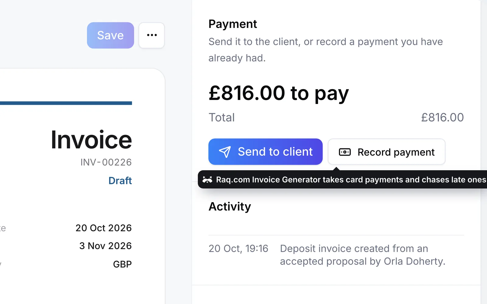 The deposit invoice in Raq.com Invoice Generator, ready to send
