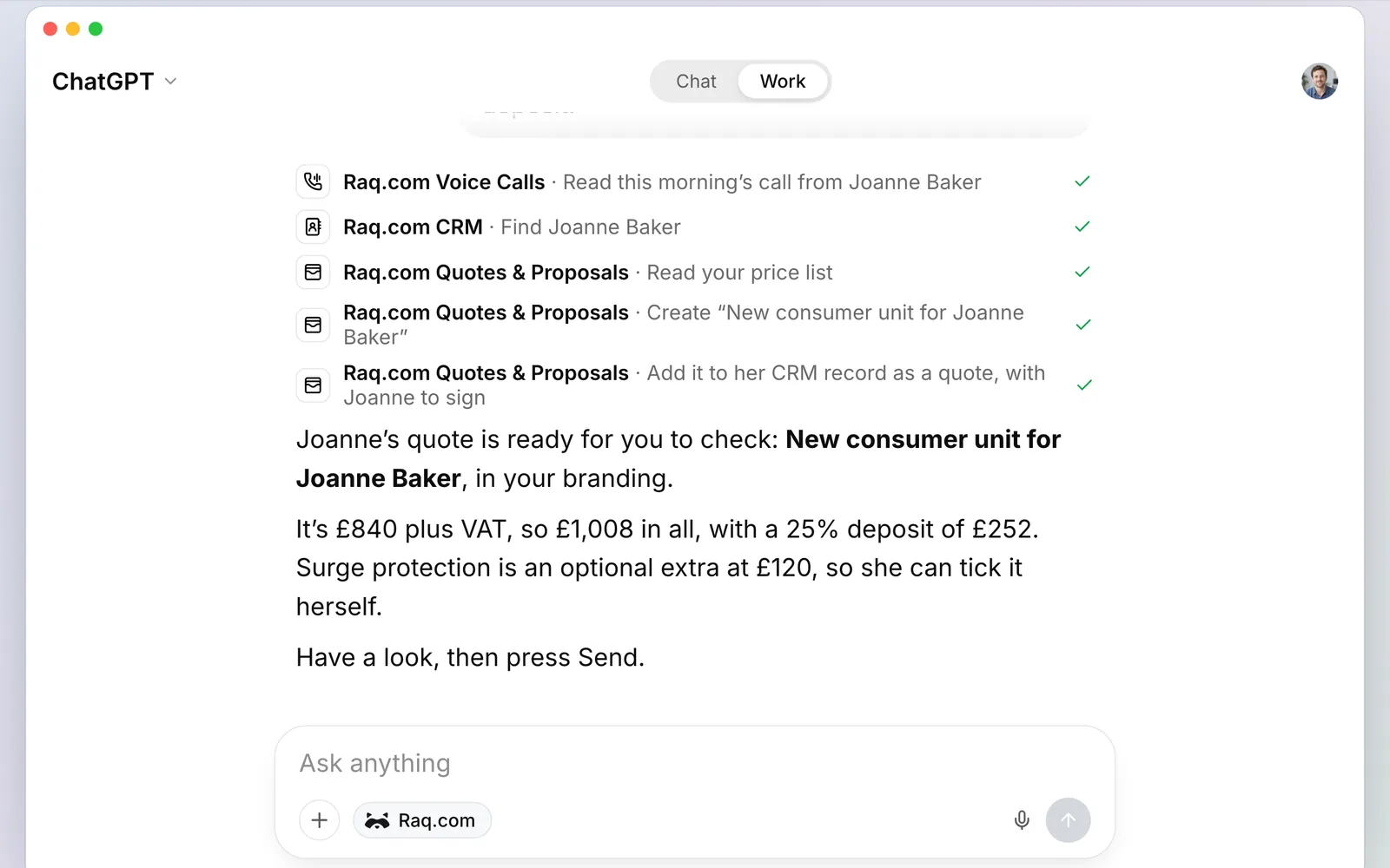 ChatGPT using Raq.com to read the call, find Joanne in the CRM and build the quote