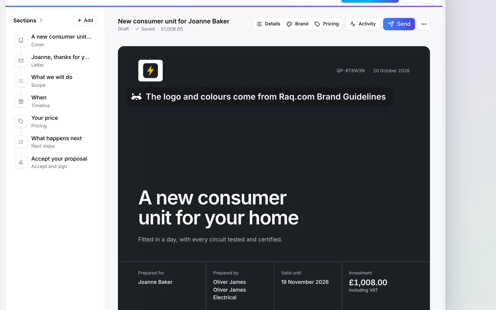 The quote in Raq.com Quotes & Proposals, in Oliver James Electrical’s branding