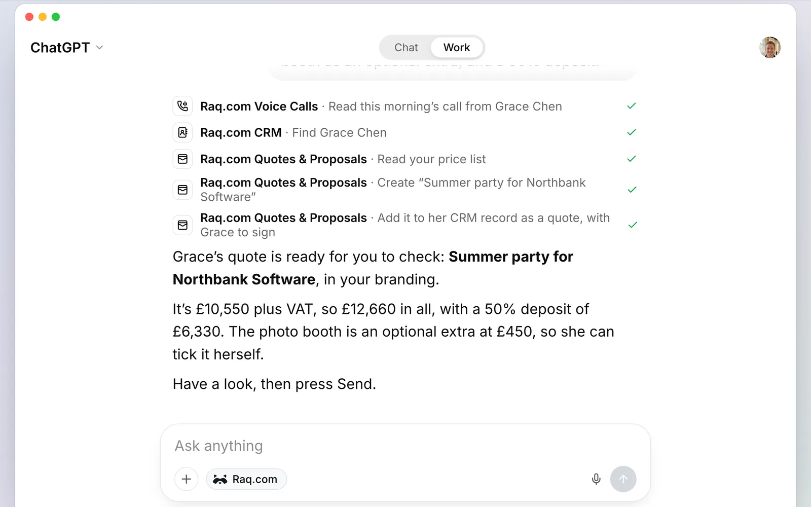 ChatGPT using Raq.com to read the call, find Grace in the CRM and build the quote