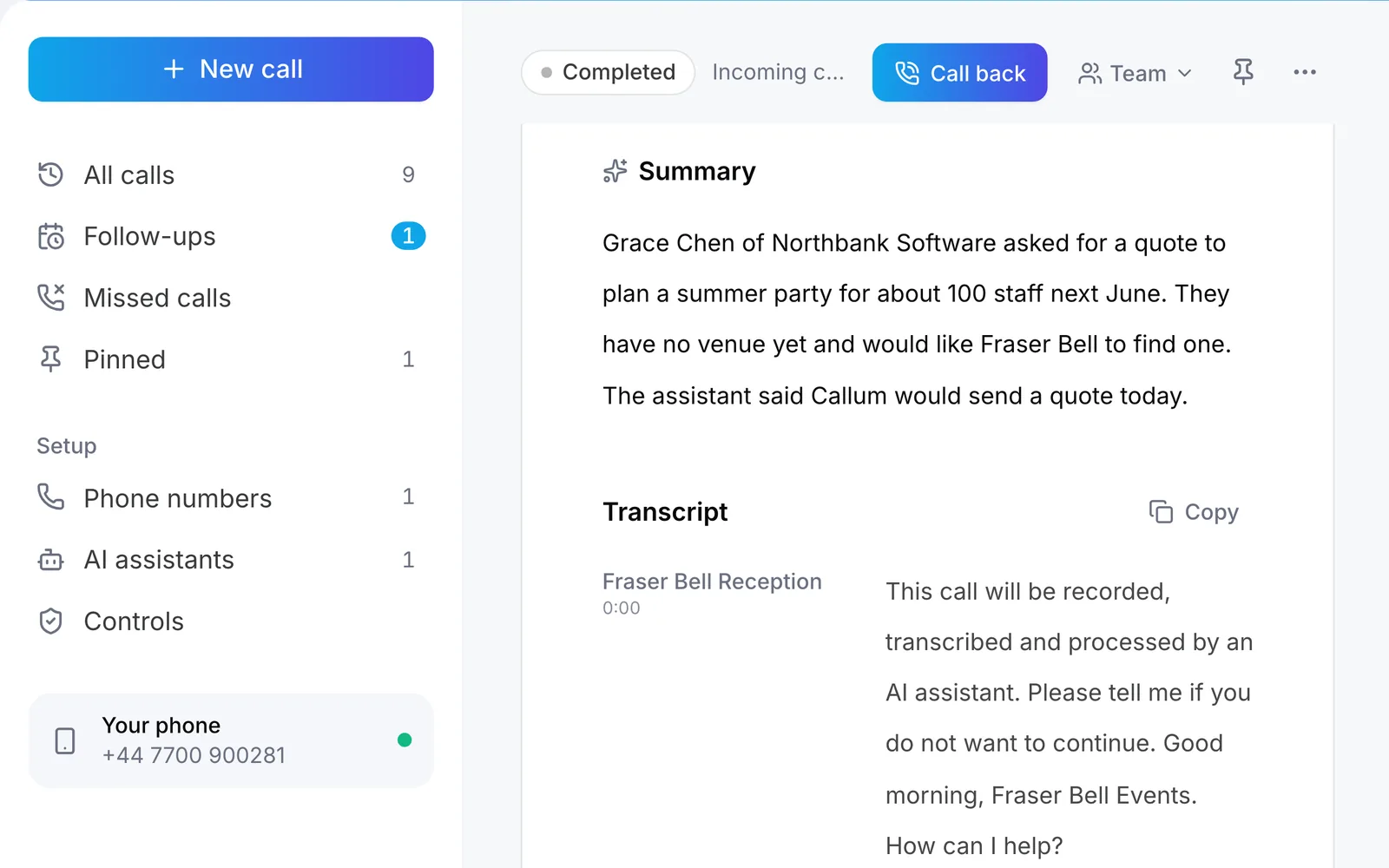 Raq.com Voice Calls showing the summary and transcript of Grace’s call