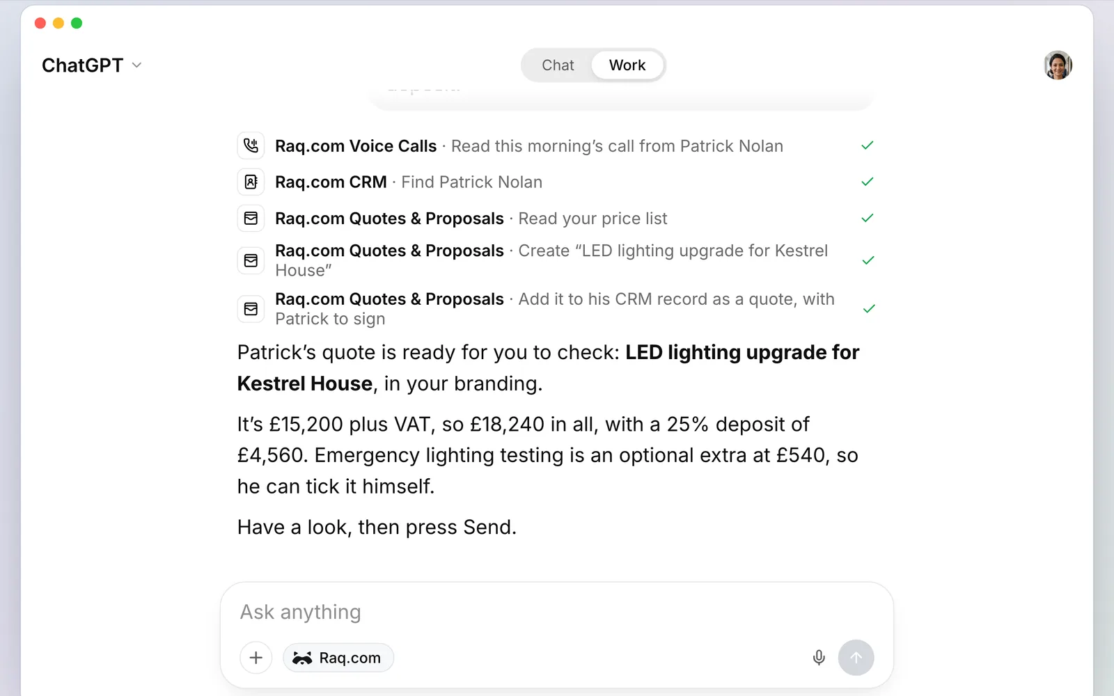 ChatGPT using Raq.com to read the call, find Patrick in the CRM and build the quote