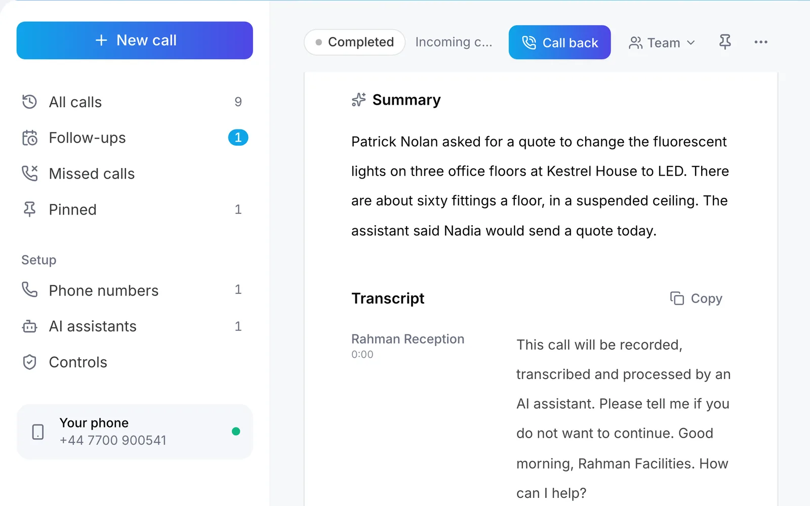 Raq.com Voice Calls showing the summary and transcript of Patrick’s call