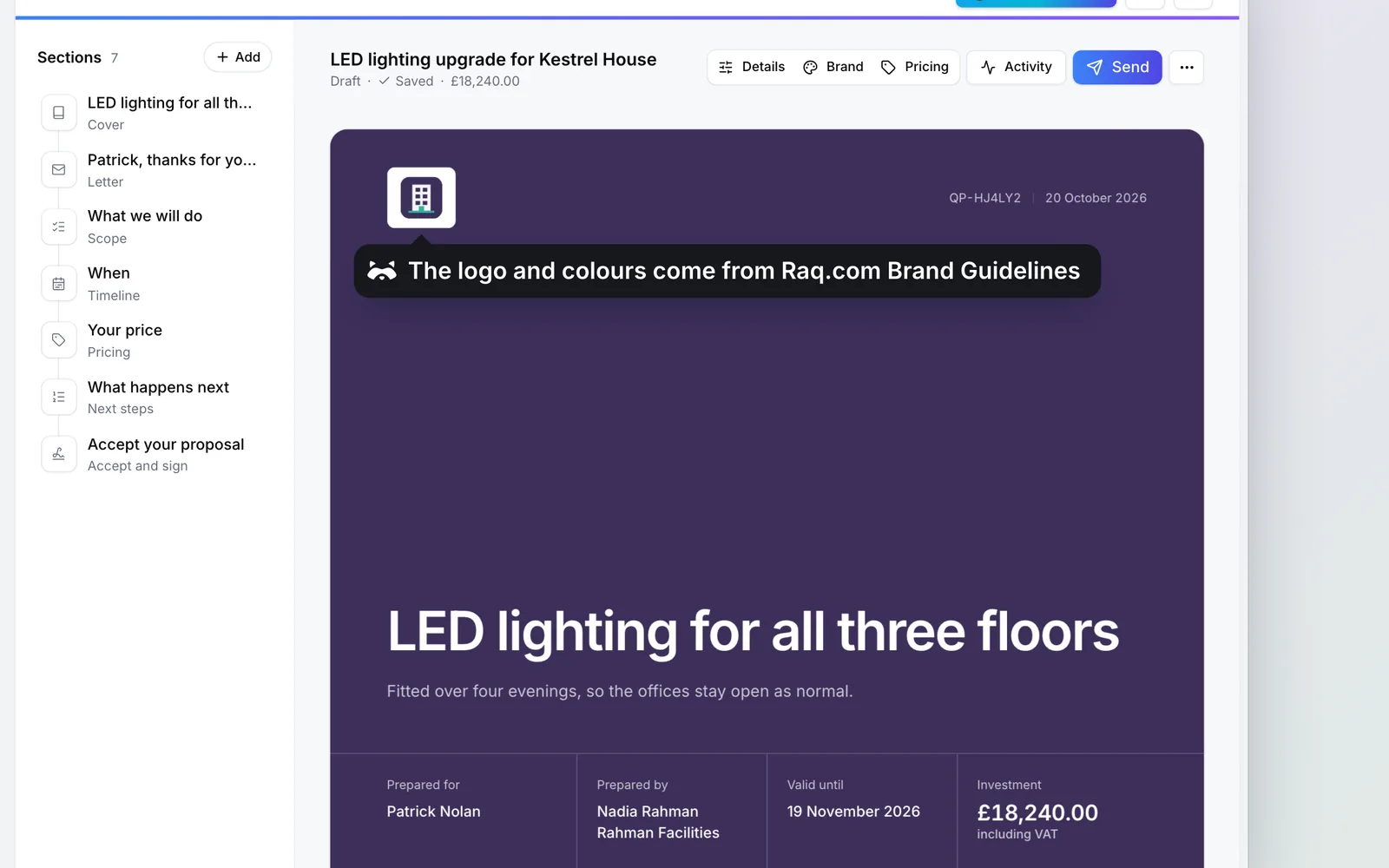 The quote in Raq.com Quotes & Proposals, in Rahman Facilities’s branding