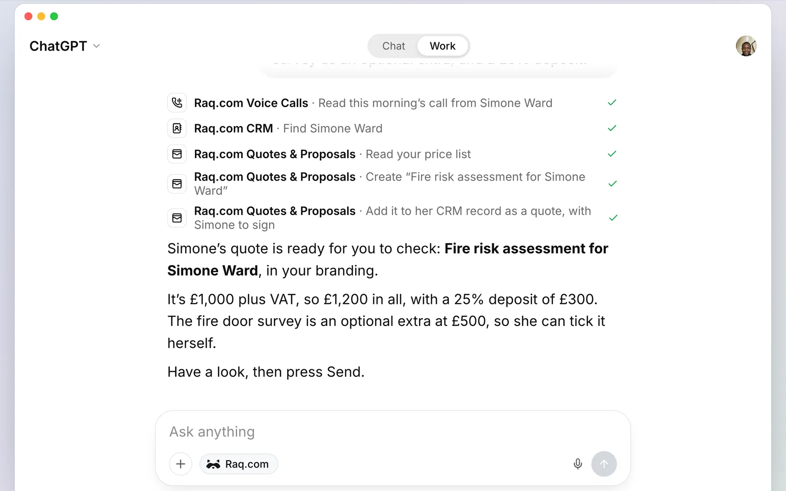 ChatGPT using Raq.com to read the call, find Simone in the CRM and build the quote