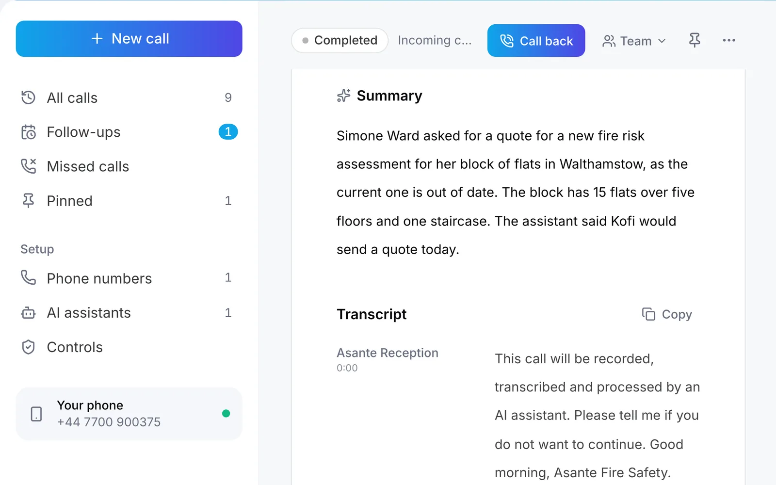 Raq.com Voice Calls showing the summary and transcript of Simone’s call