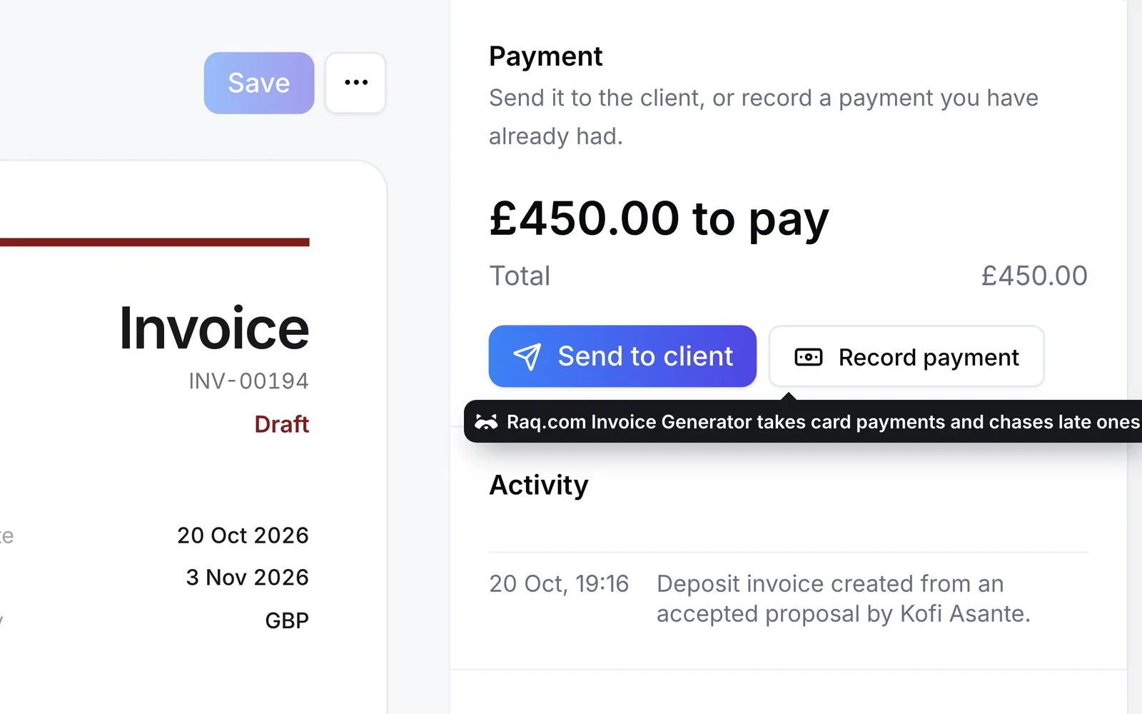 The deposit invoice in Raq.com Invoice Generator, ready to send