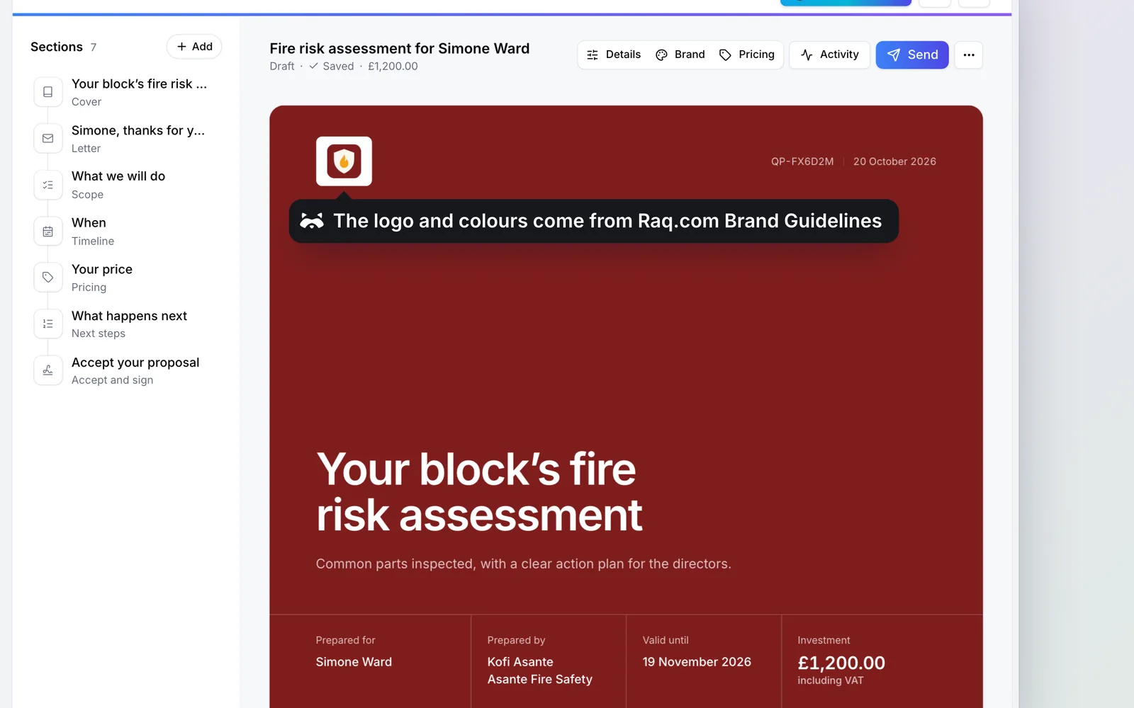 The quote in Raq.com Quotes & Proposals, in Asante Fire Safety’s branding