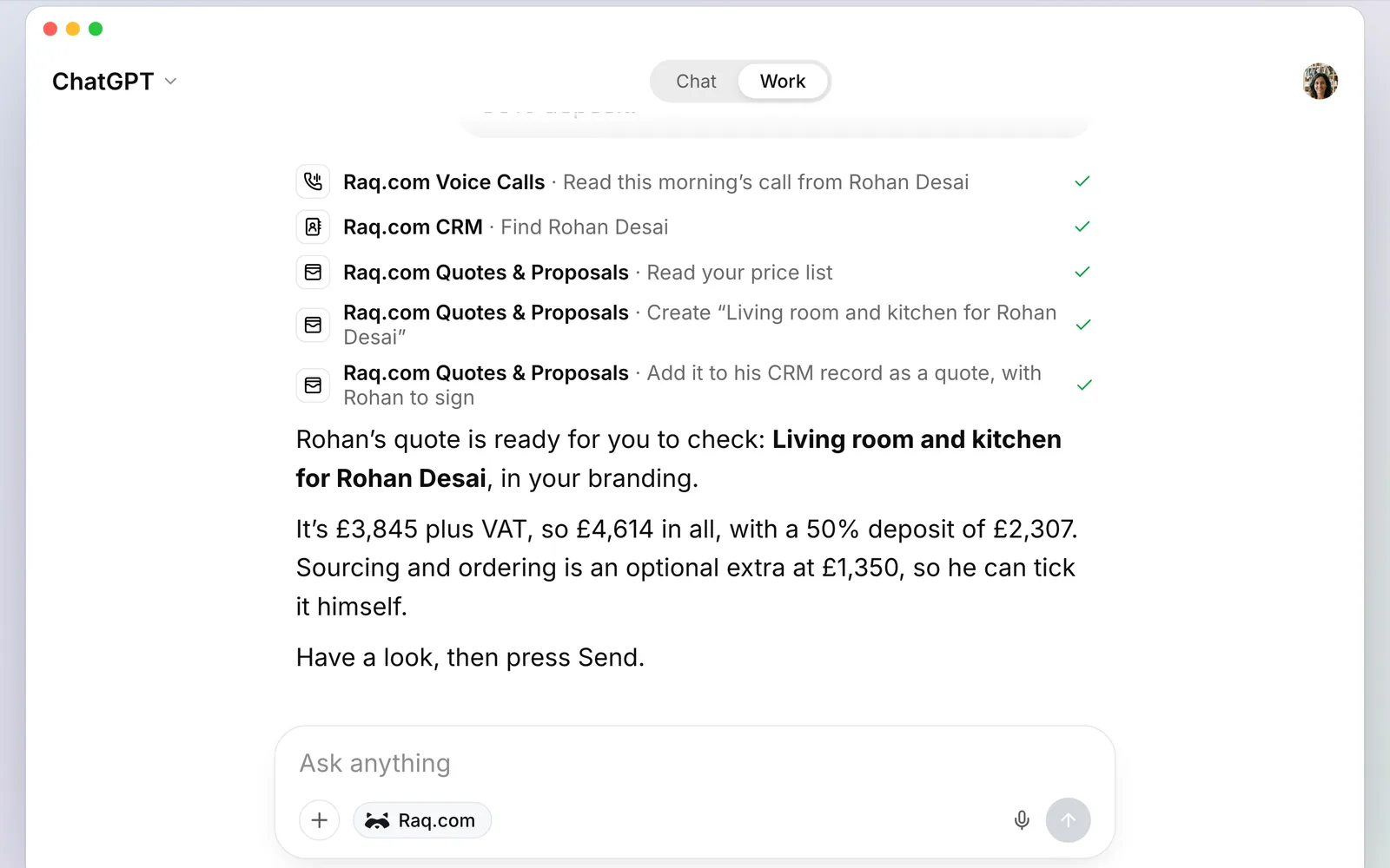 ChatGPT using Raq.com to read the call, find Rohan in the CRM and build the quote
