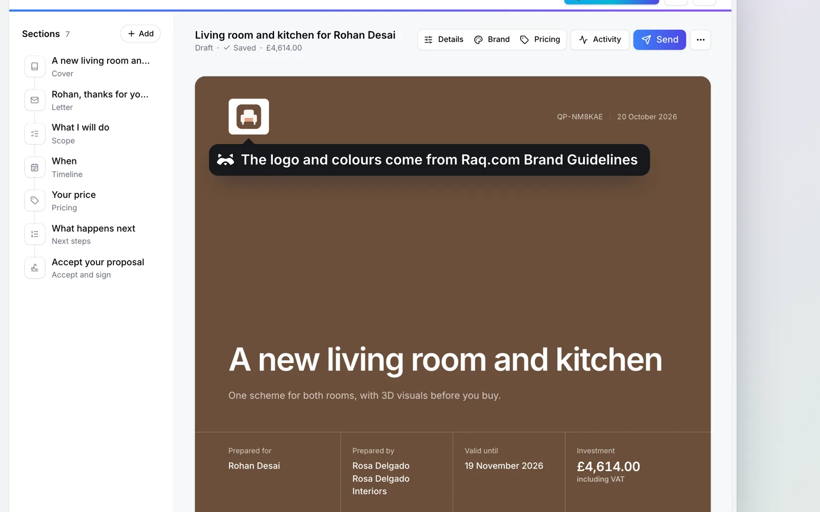 The quote in Raq.com Quotes & Proposals, in Rosa Delgado Interiors’s branding